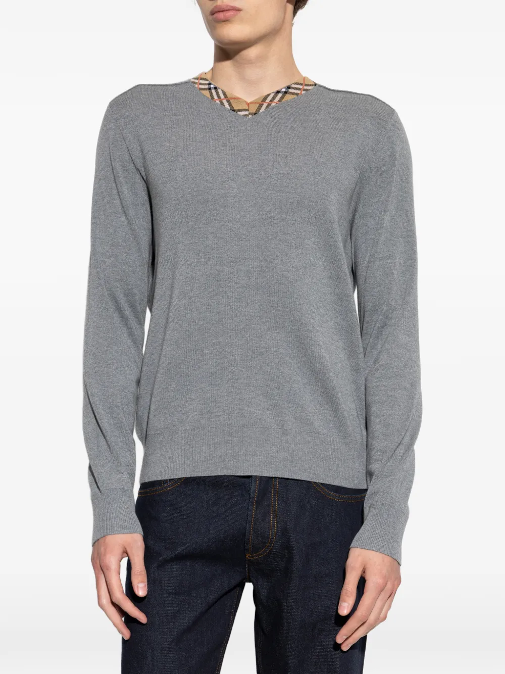 Burberry Maxim trui met geruite afwerking en V-hals Grijs