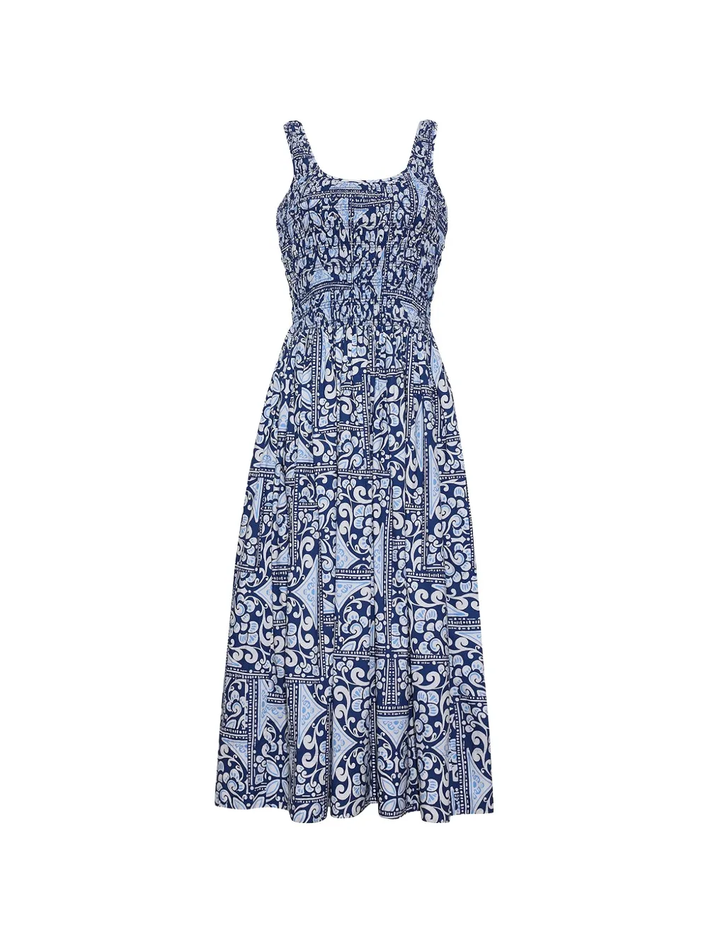 Cara Cara Bergamo tile-print smocked-waist midi dress - Blu