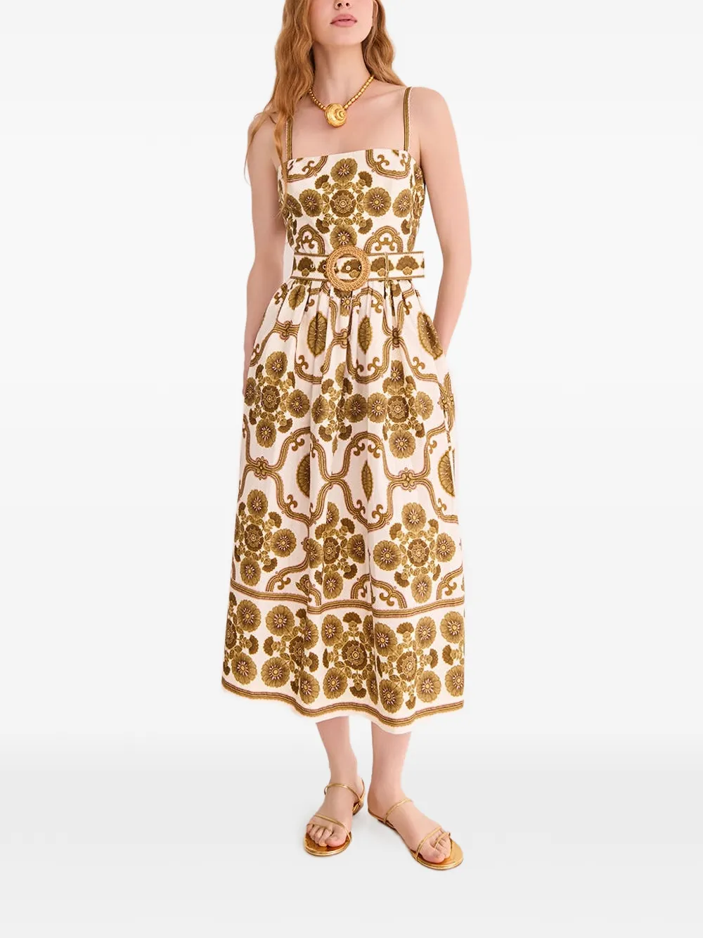 Cara Lee midi-jurk met ceintuur en bloemenprint Wit