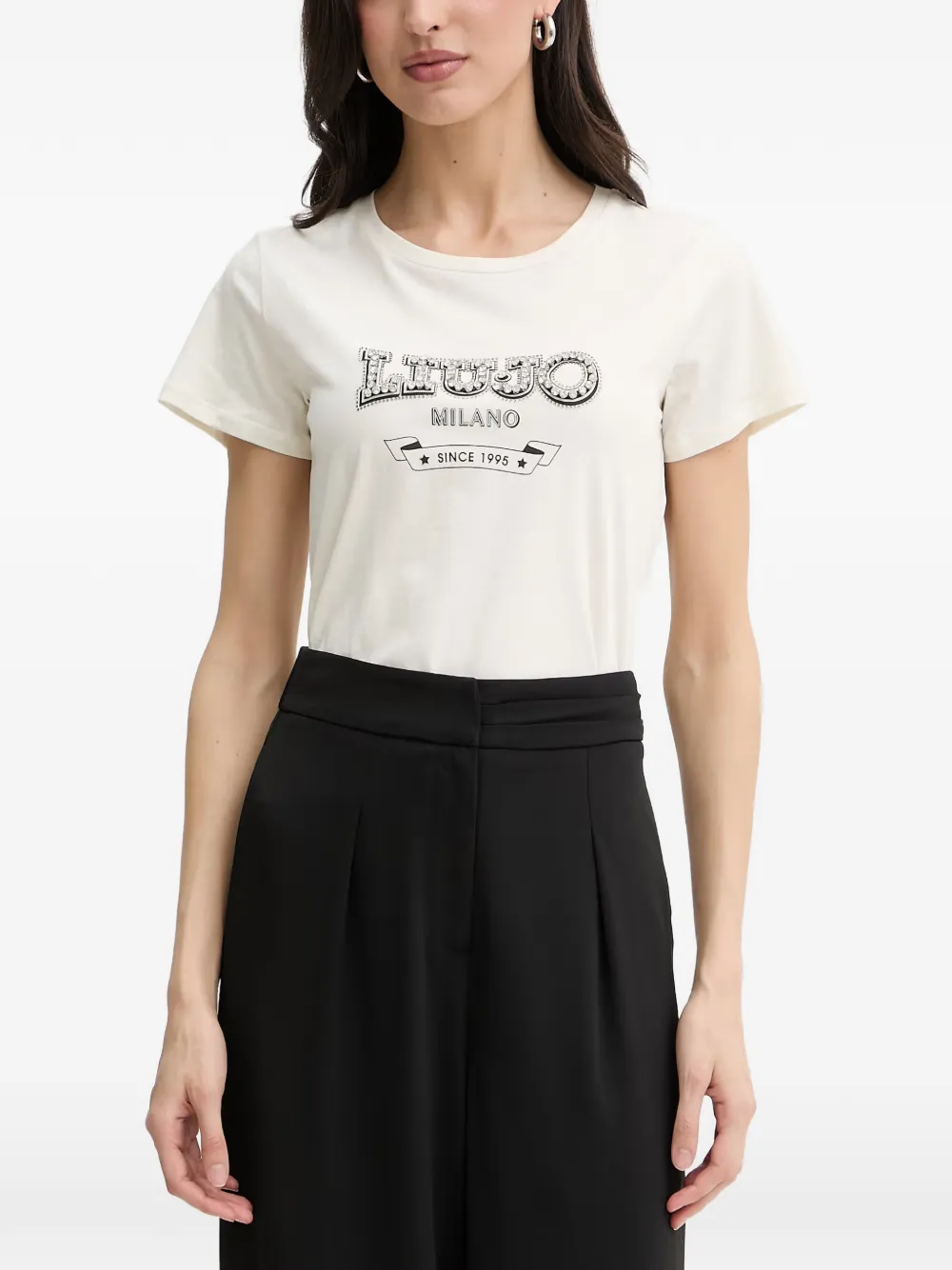 LIU JO crystal-embellished logo-print T-shirt - Nude