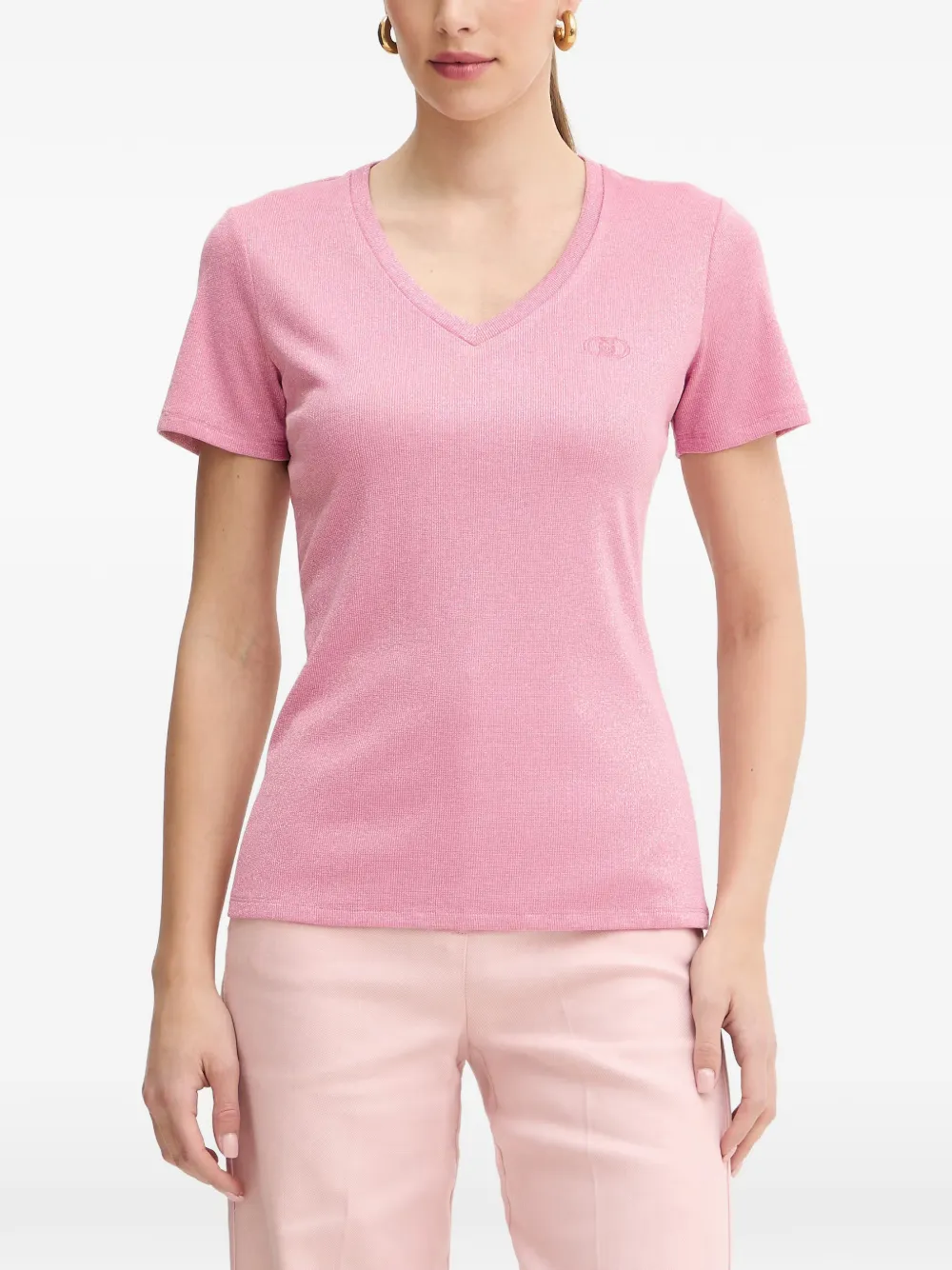 LIU JO logo-embroidered metallic-effect T-shirt - Rosa