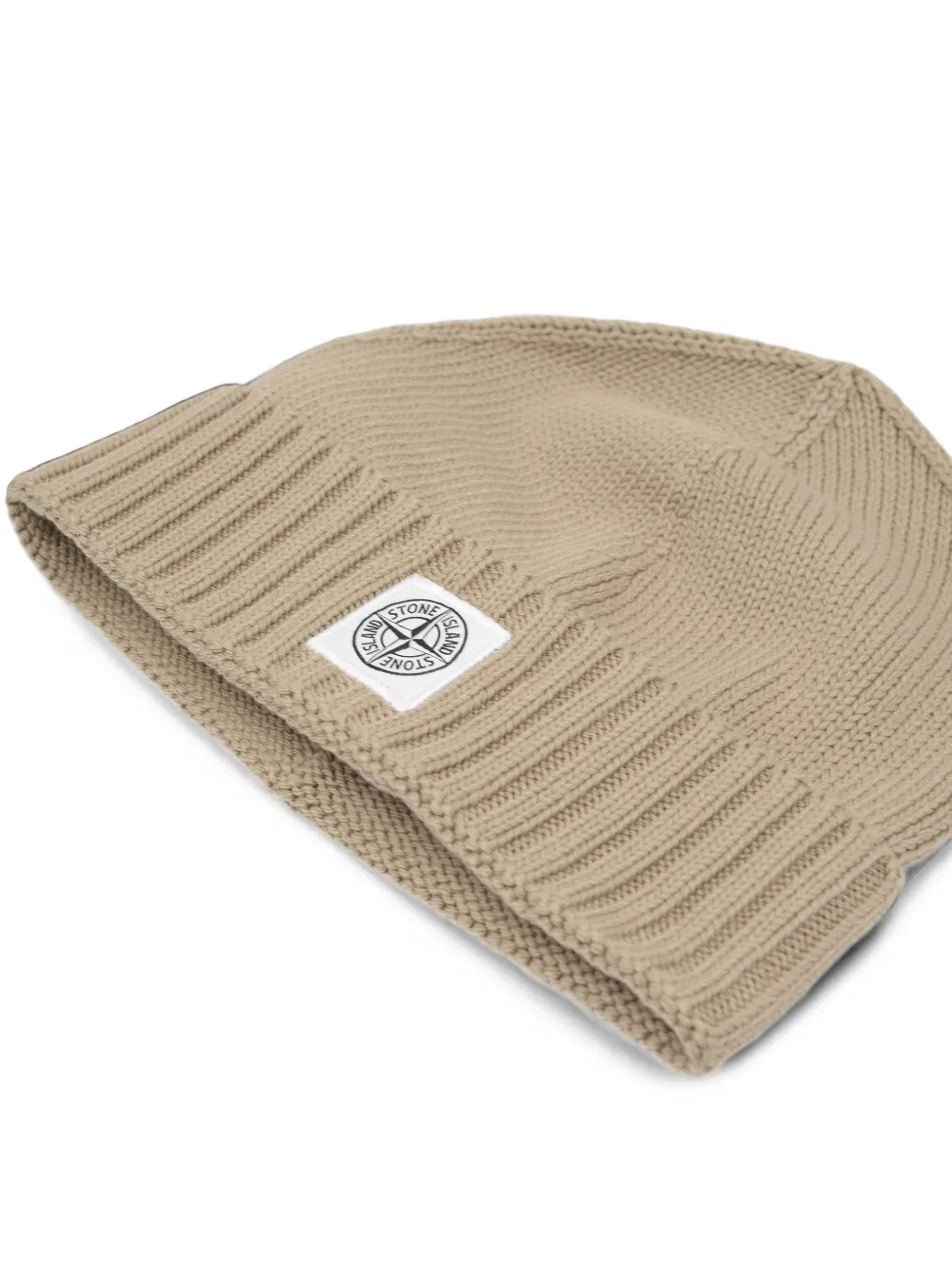 Stone Island Junior Compass-patch ribbed-trim beanie hat Beige