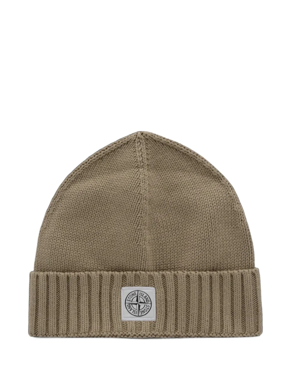 Stone Island Junior Compass-patch ribbed-trim beanie hat Beige