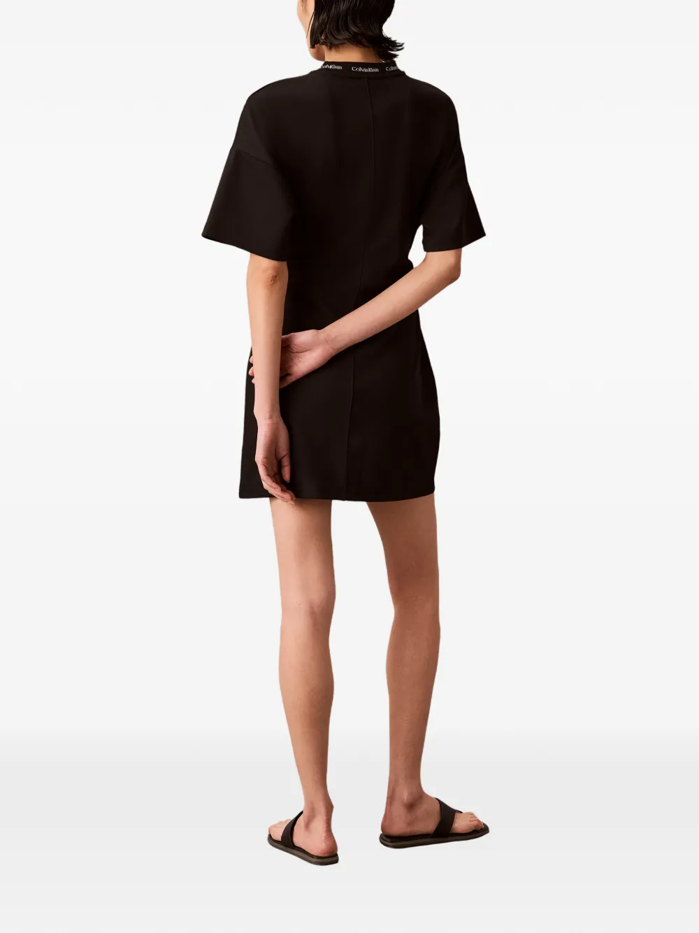 Calvin Klein Mini-jurk met gesmockte taille en logohals Zwart