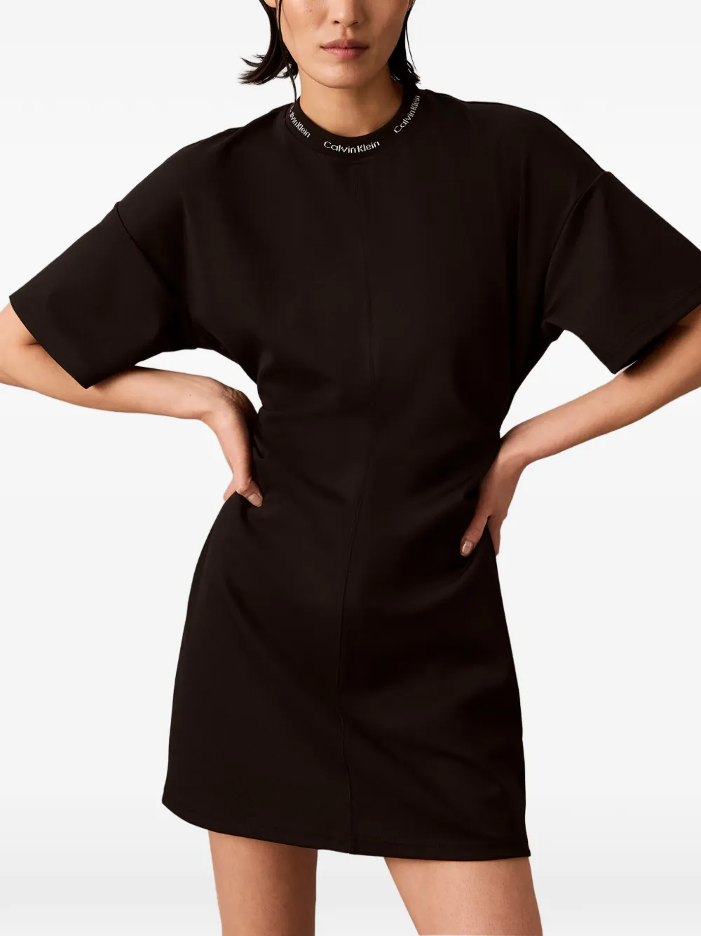 Calvin Klein Mini-jurk met gesmockte taille en logohals Zwart
