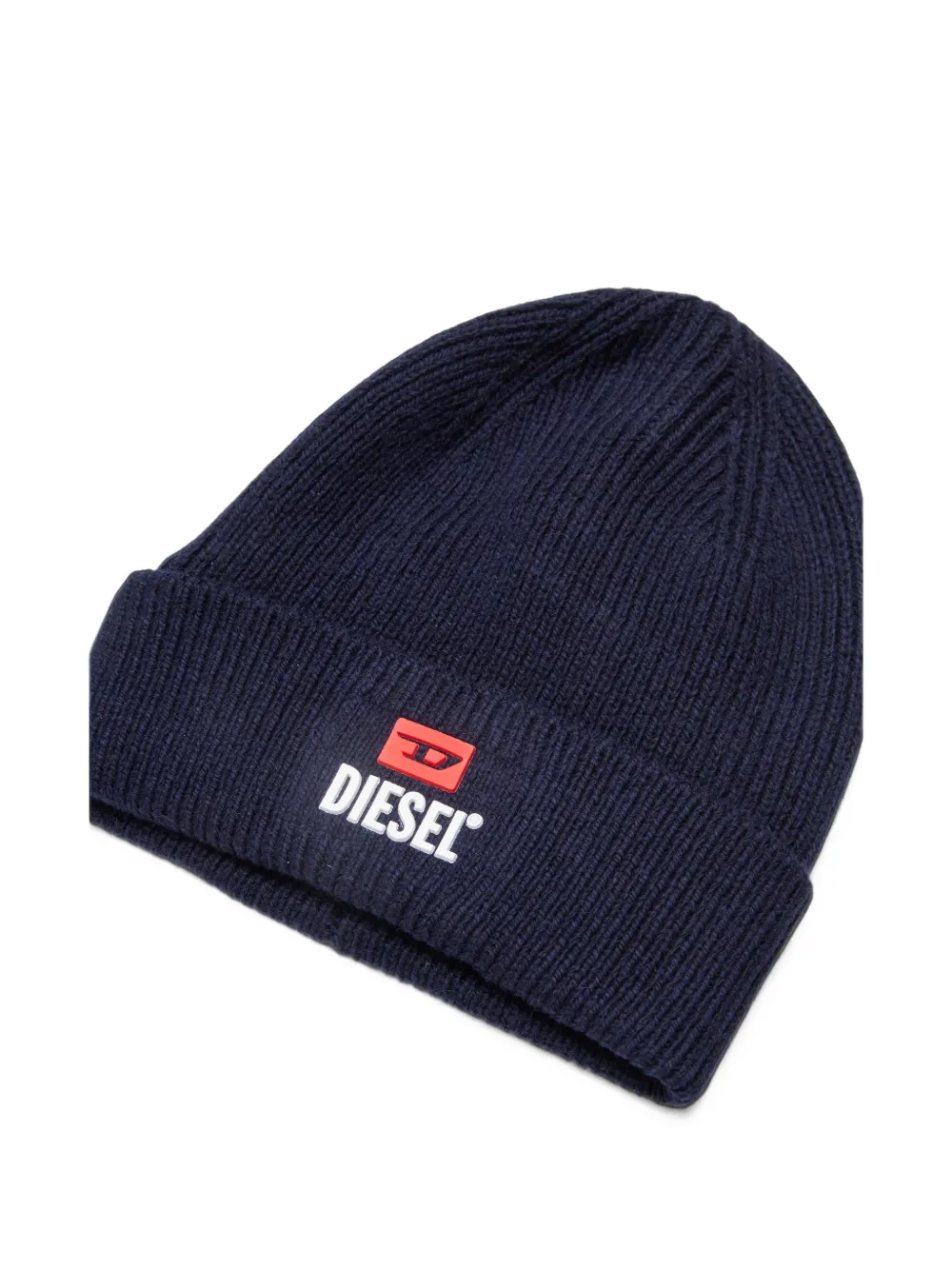 Diesel Kids logo-patch ribbed-knit beanie hat Blauw