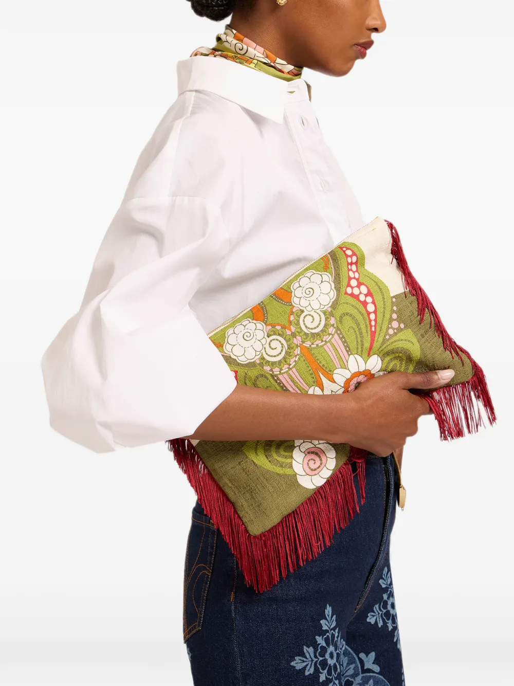 La DoubleJ Placée hand pochette with fringes - Green