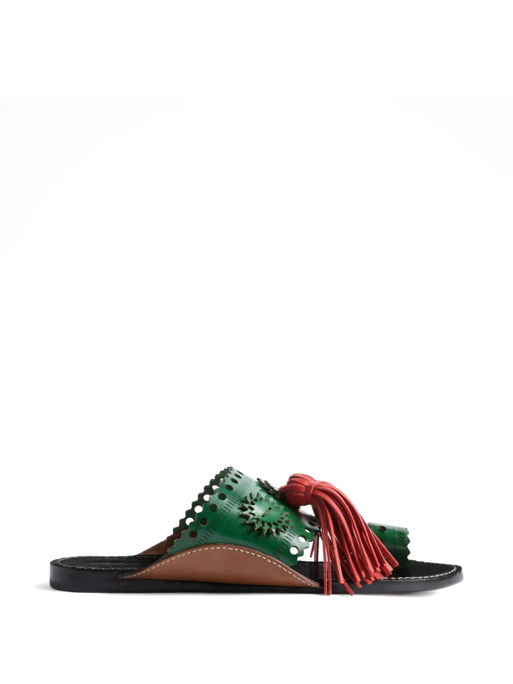 La DoubleJ solid dark green in leather with tassels Sandy slides - Grün