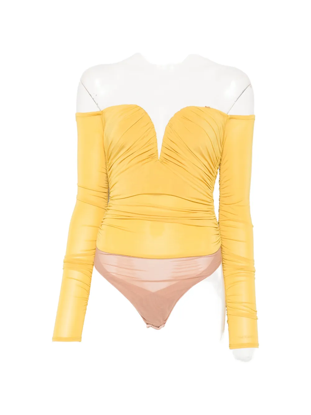 Elisabetta Franchi Ruched Off-the-shoulder Bodysuit In Yellow