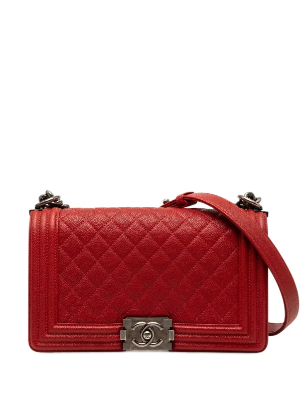 Chanel Pre-owned 2016-2017 Old Medium Quilted Caviar Boy Flap Crossbody Bag in Red