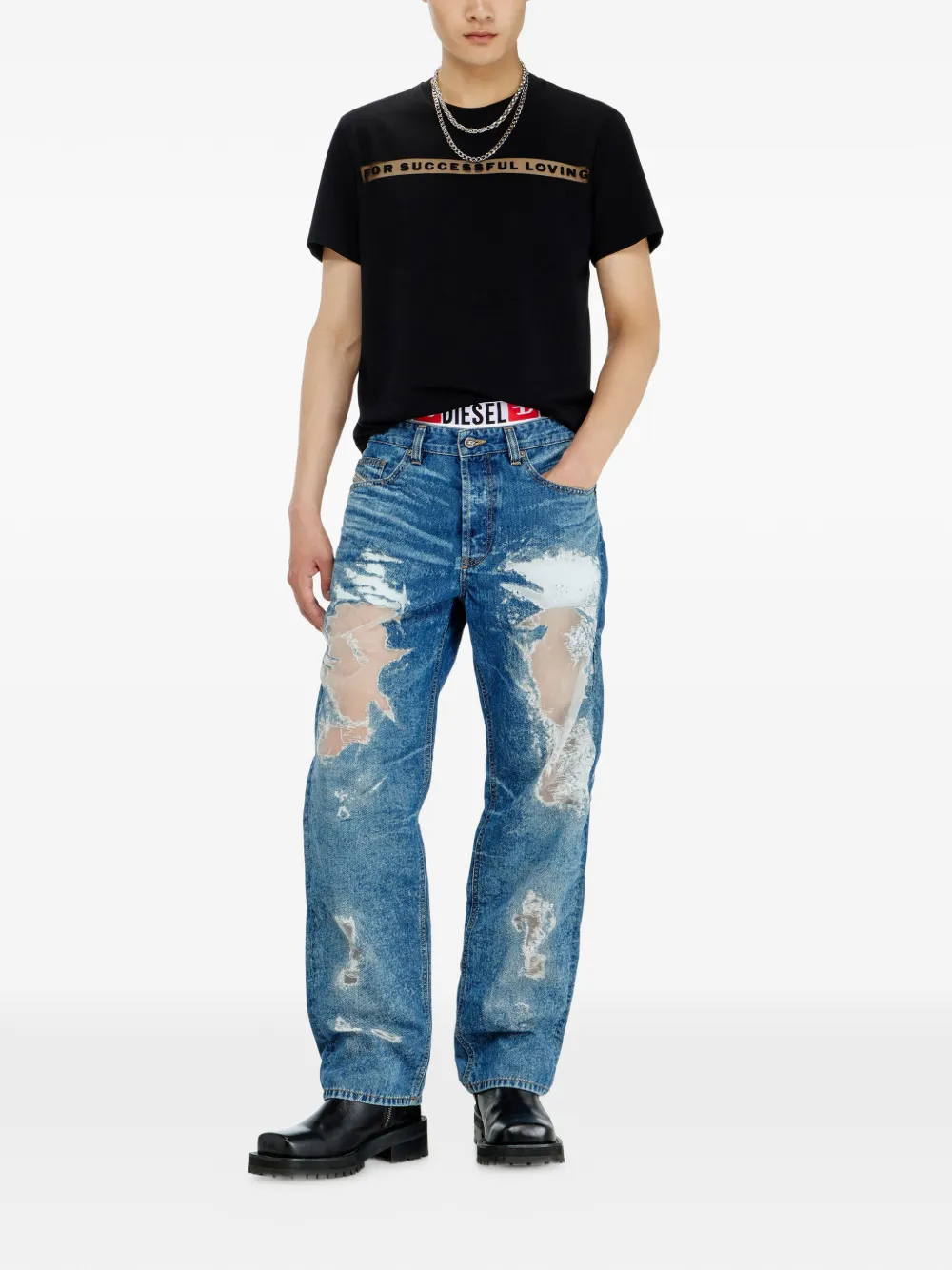 Diesel T-shirt met doorzichtig vlak en logo-print Zwart