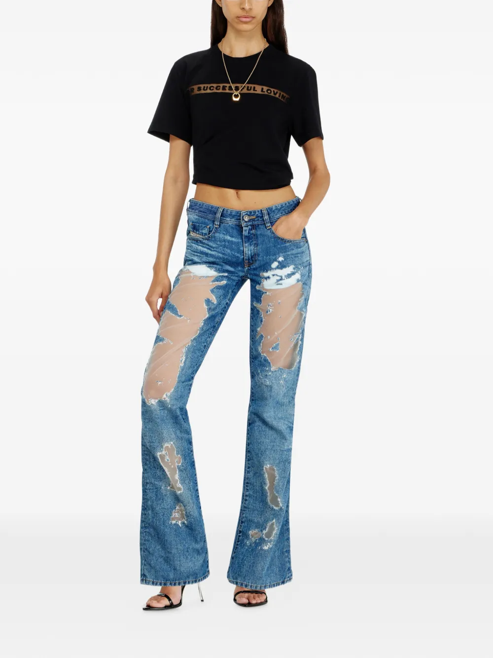 Diesel T-shirt met doorzichtig vlak en logo-print Zwart