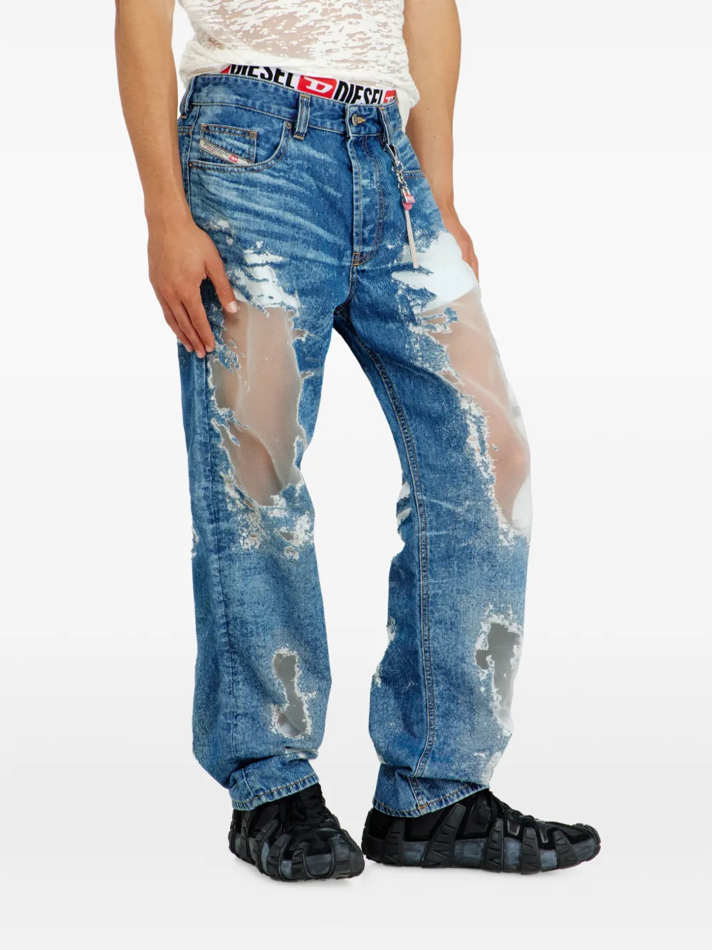 Diesel D-Macs gerafelde jeans met mesh vlak Blauw