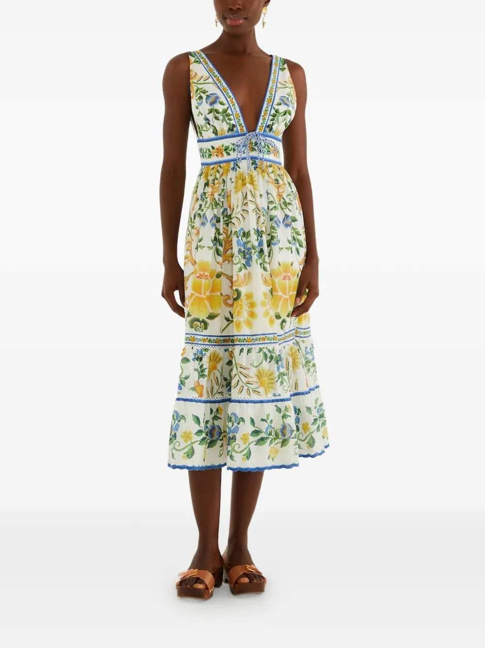 FARM Rio floral-tapestry V-neck dress - Bianco