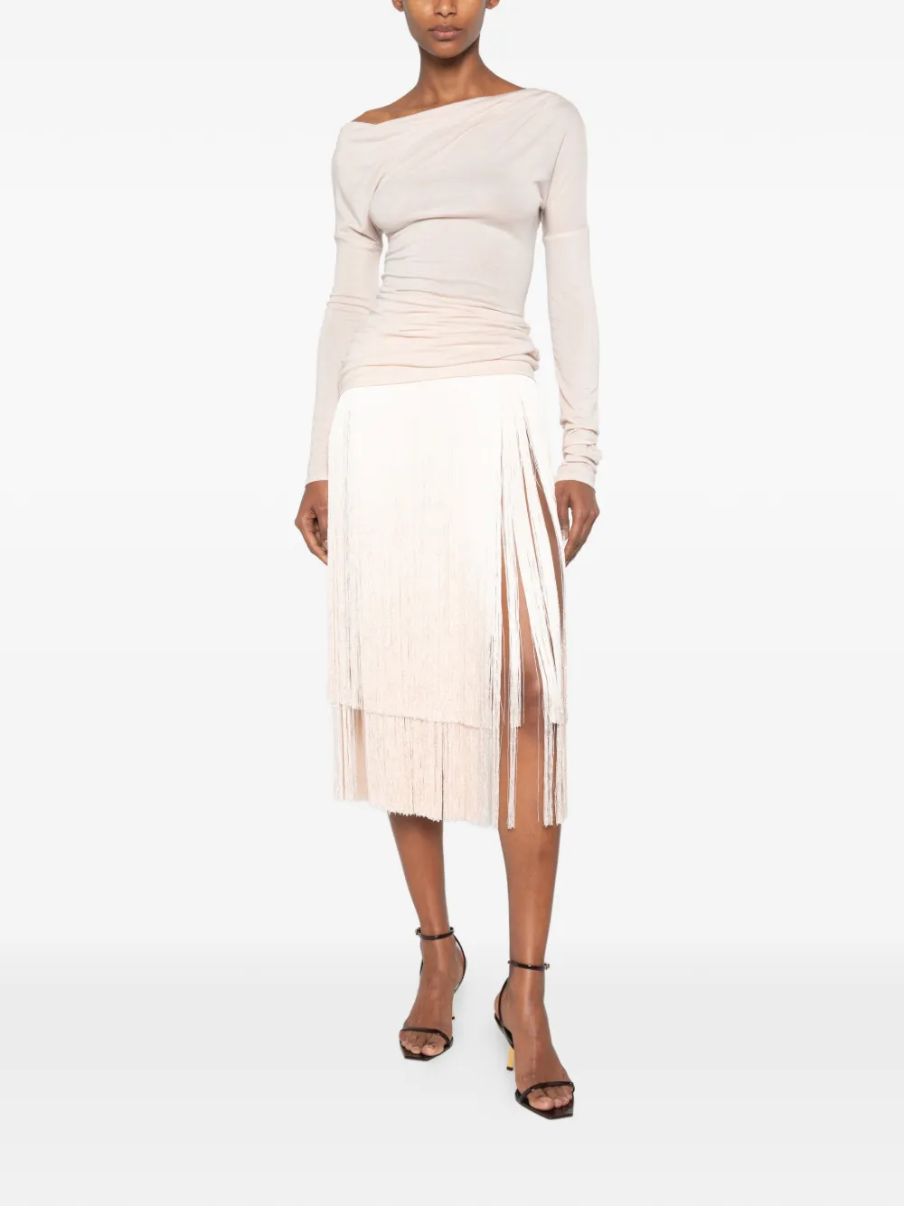 Elisabetta Franchi Top van lichtgewicht jersey met geborduurd logo Beige