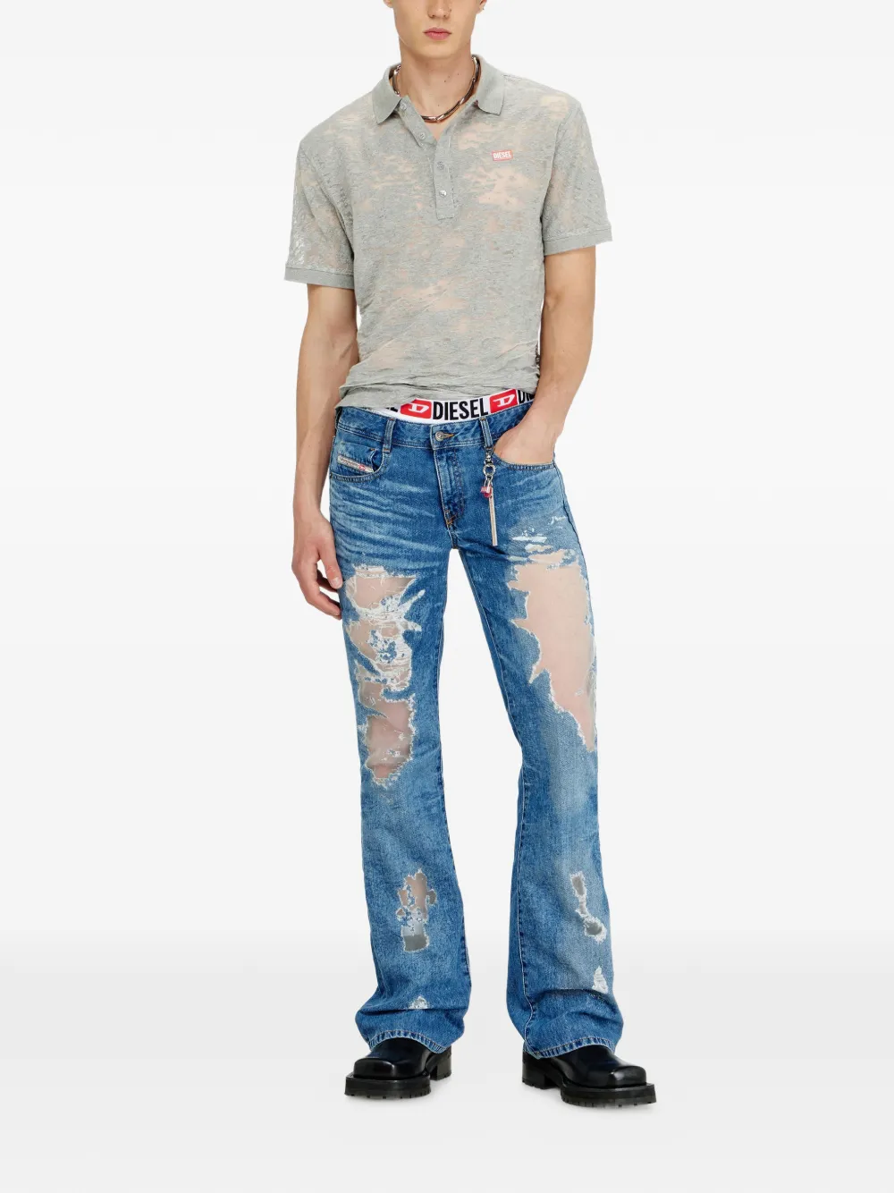 Diesel Poloshirt met gerafeld effect en logopatch Grijs