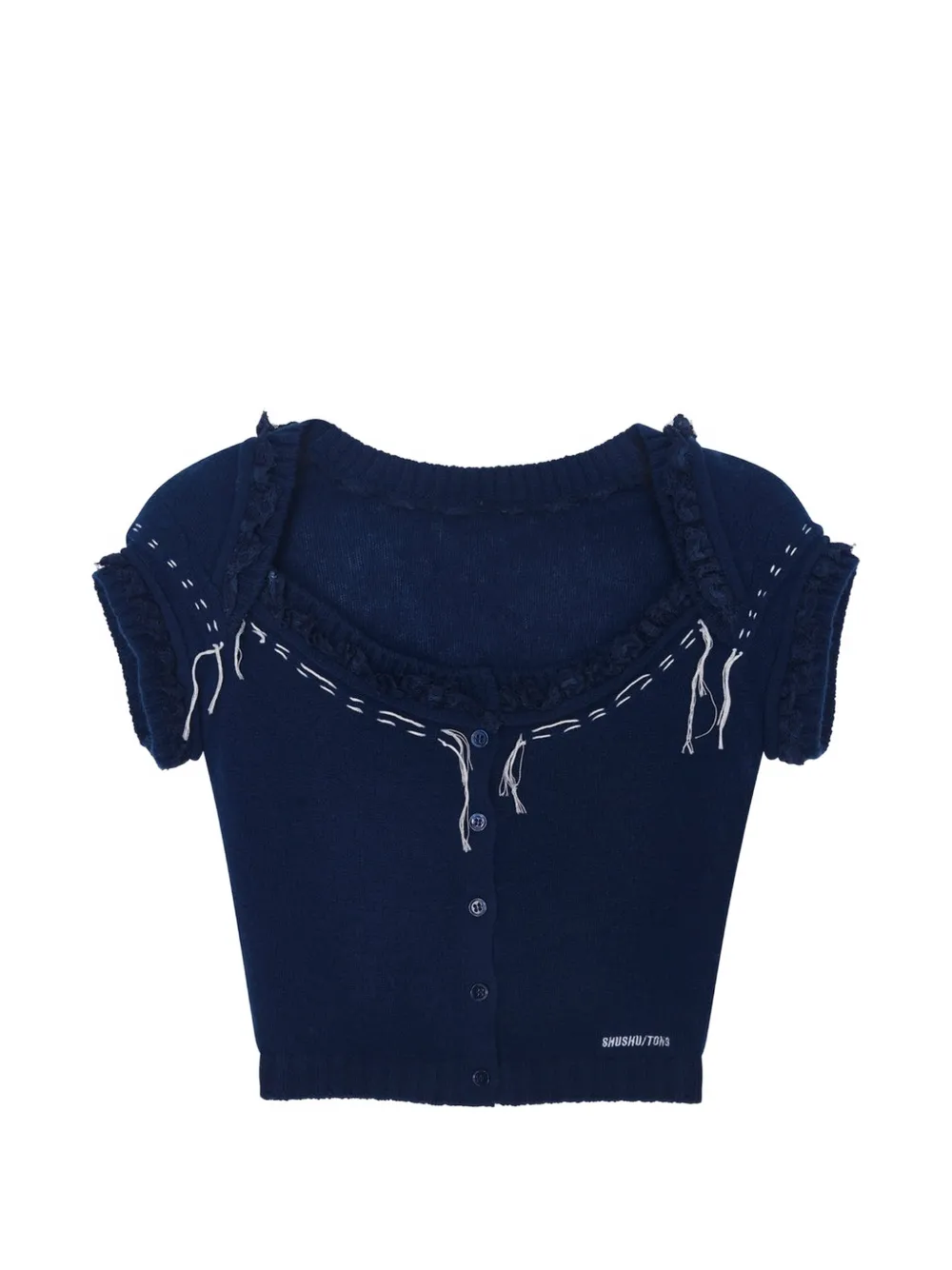 SHUSHU/TONG ruffled-trim contrast-stitch cardigan - Blue
