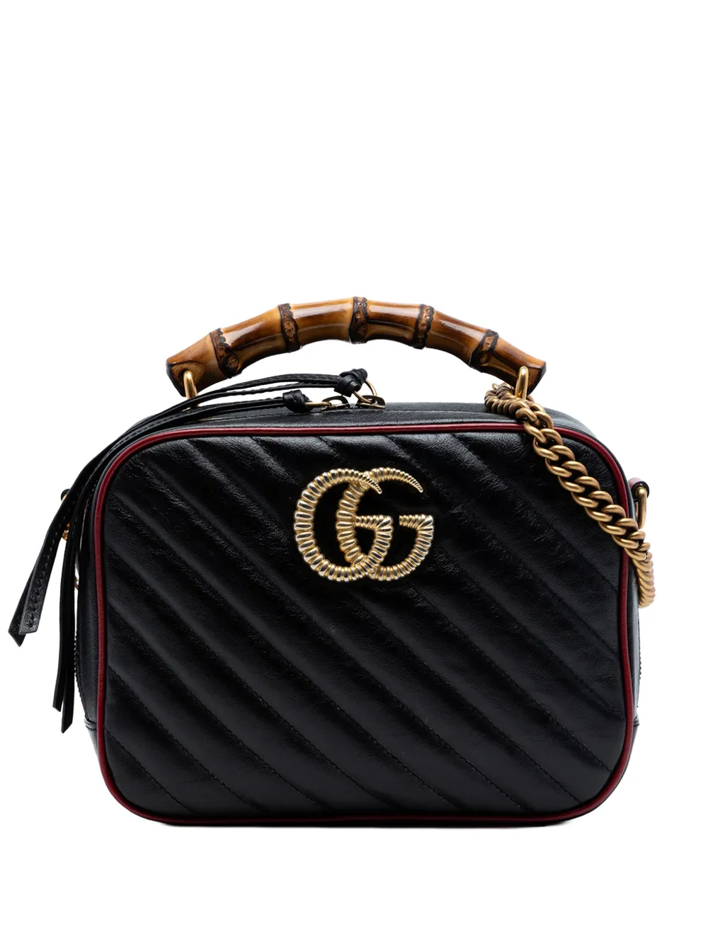 Gucci Pre-Owned 2016-2026 Small GG Marmont Matelasse Diagonal Leather Torchon Bamboo satchel - Nero