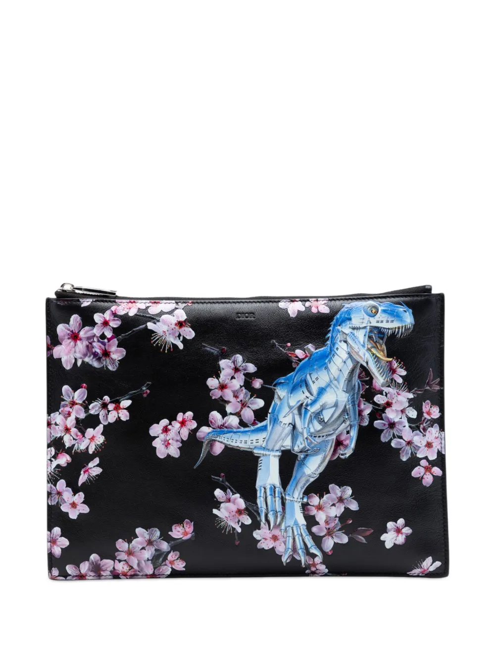 Dior 2019 Hajime Sorayama Calfskin Cherry Blossom Dinosaur Print Zip Pouch clutch bag in Schwarz