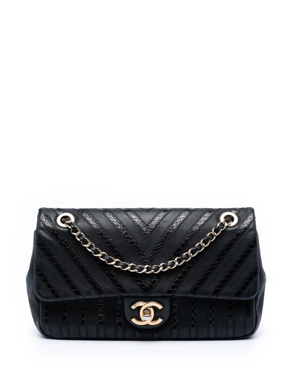 CHANEL Pre-Owned 2018-2019 Chevron Python Embossed Calfskin and Suede Single Flap shoulder bag - Nero