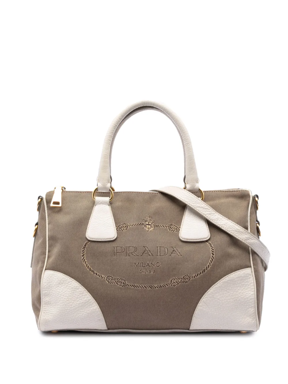 Prada Pre-Owned 2013-2026 Vitello Daino Trimmed Canvas Canapa Logo satchel - Marrone