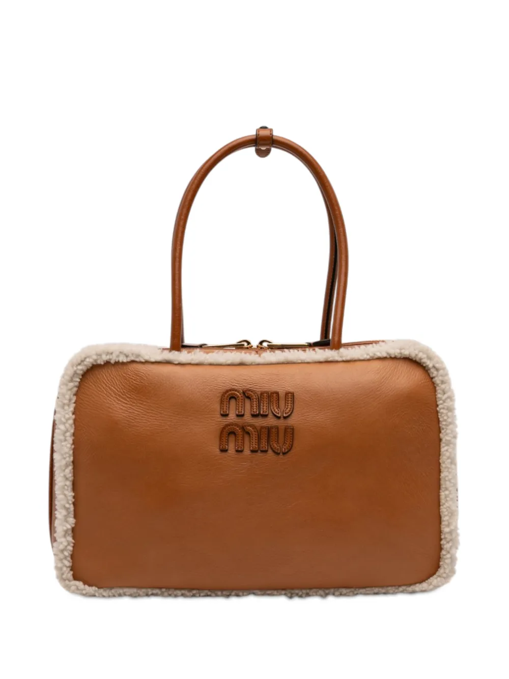 Miu Miu Pre-Owned 2010-2026 Large Shearling Trimmed Calfskin Logo Beau shoulder bag - Marrone