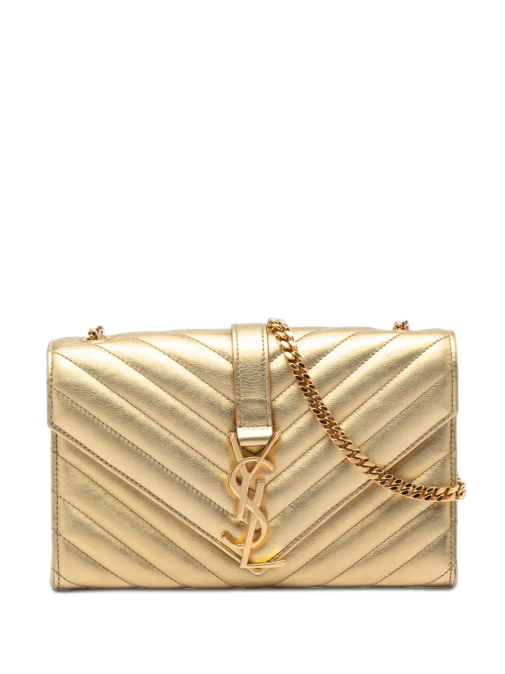 Saint Laurent Pre-Owned 2015 Small Chevron Metallic Calfskin Monogram Envelope Bag crossbody bag - Oro