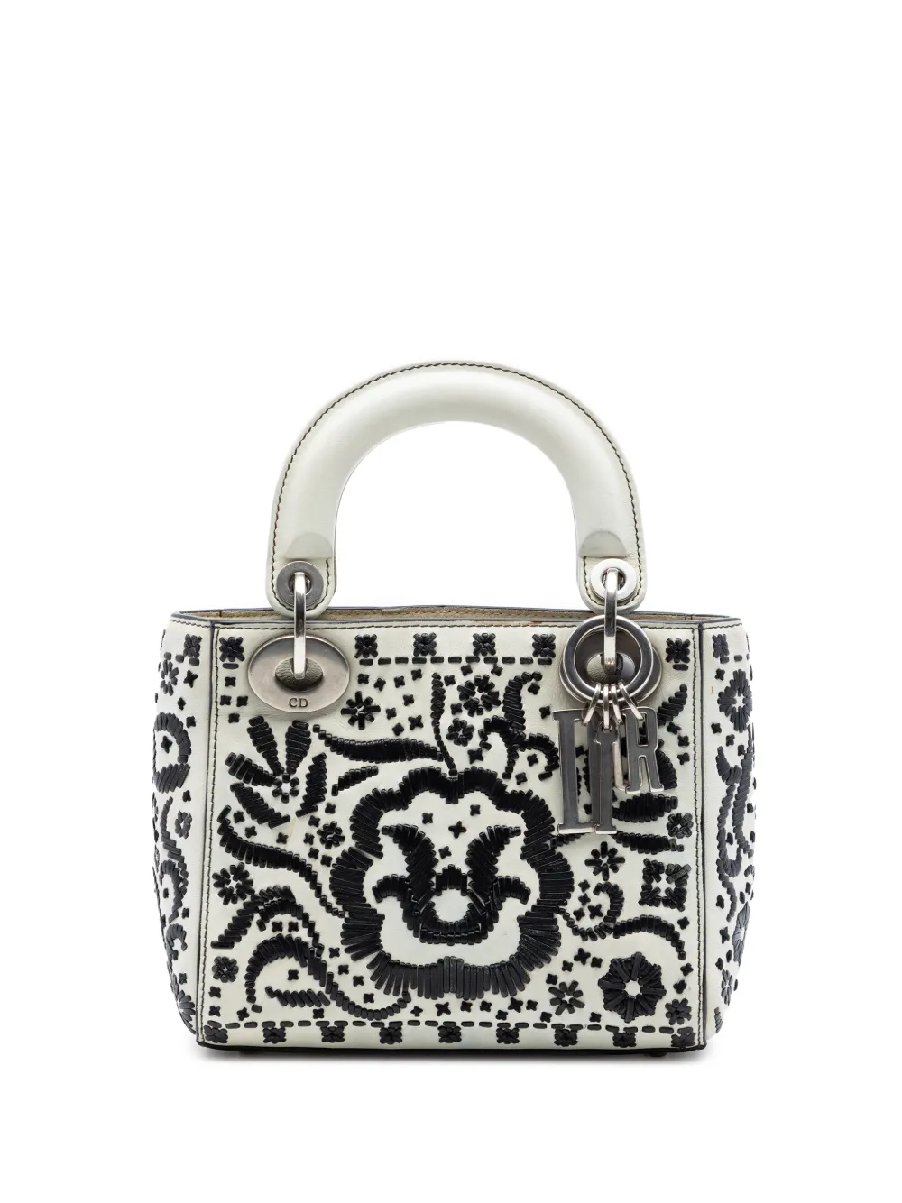 Christian Dior Pre-Owned 2018 Mini Calfskin Flower Embroidered Lady Dior satchel - Bianco