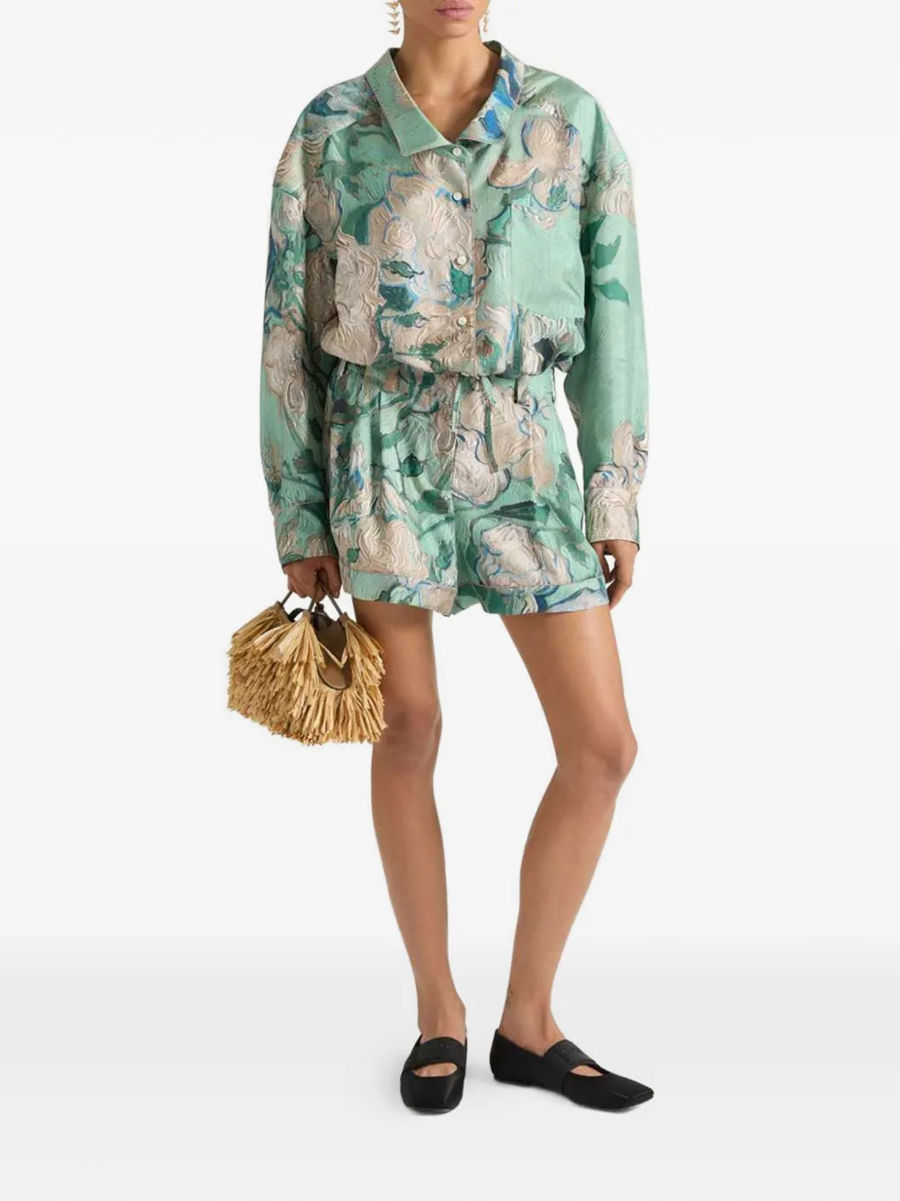  Givenchy Camisa Corta Con Rosa Estampada - Verde 