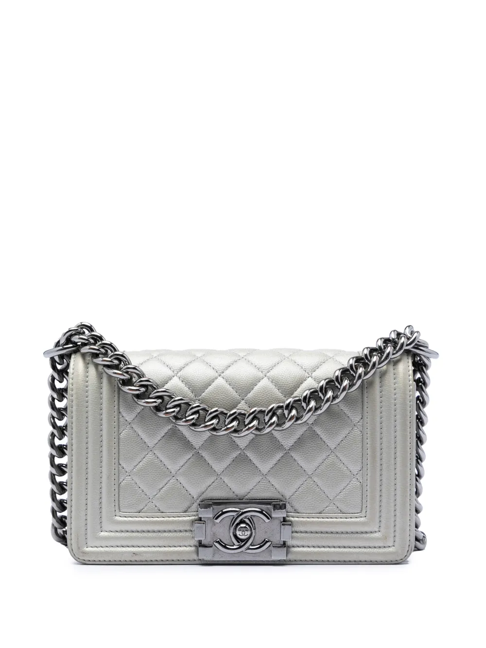 CHANEL Pre-Owned 2017-2018 Small Quilted Metallic Caviar Boy Flap crossbody bag - Argento