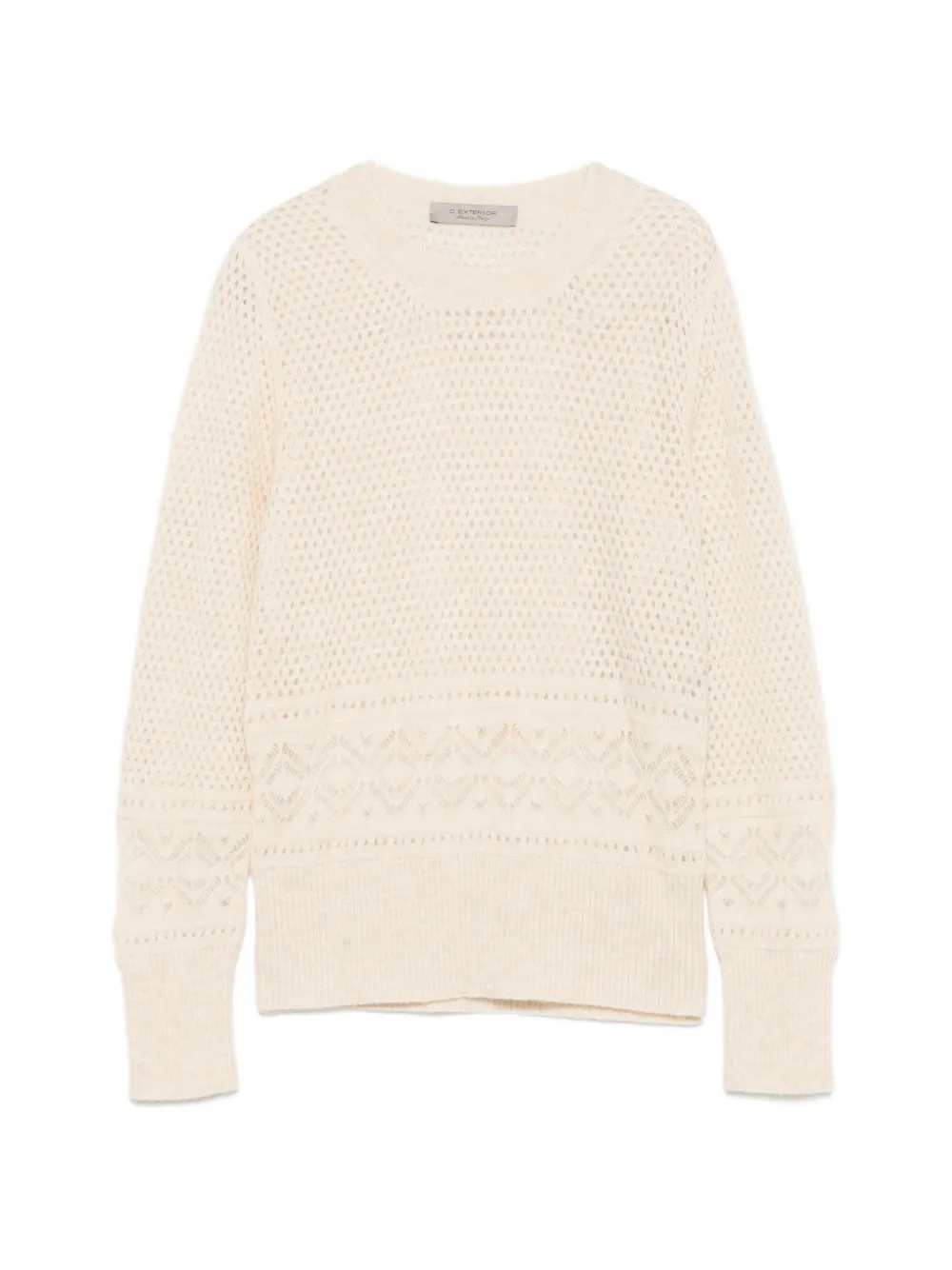 D.Exterior open-knit pointelle-trim sweater