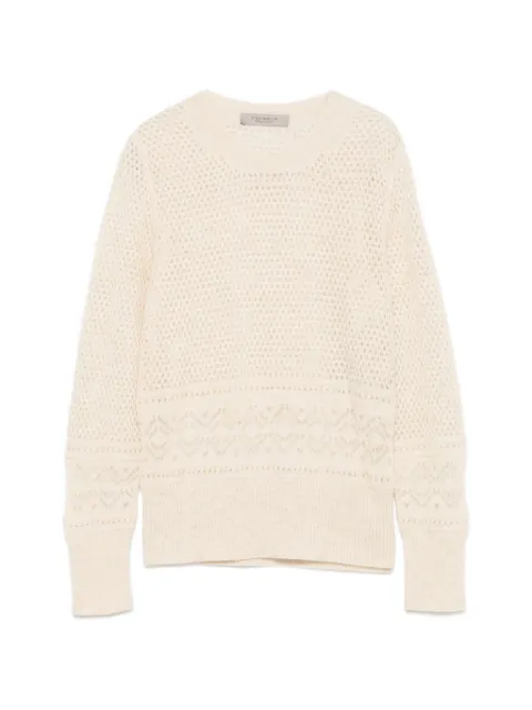 D.Exterior open-knit pointelle-trim sweater