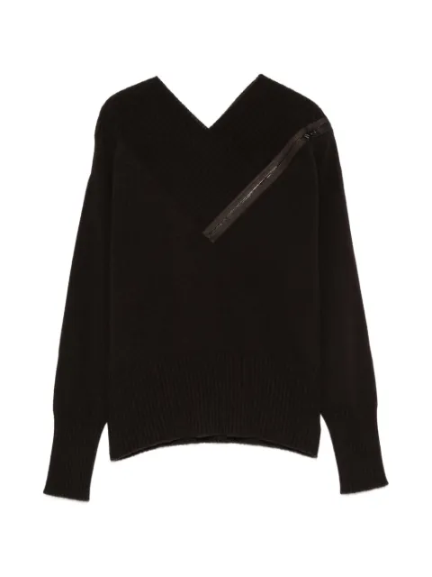 D.Exterior zip-detail V-neck sweater