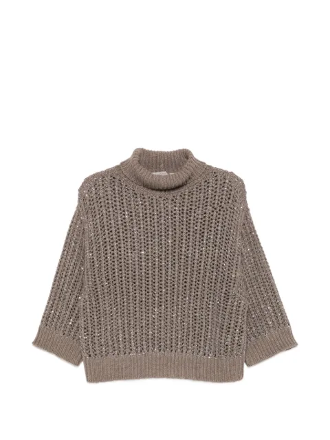 D.Exterior sequin-embellished open-knit sweater