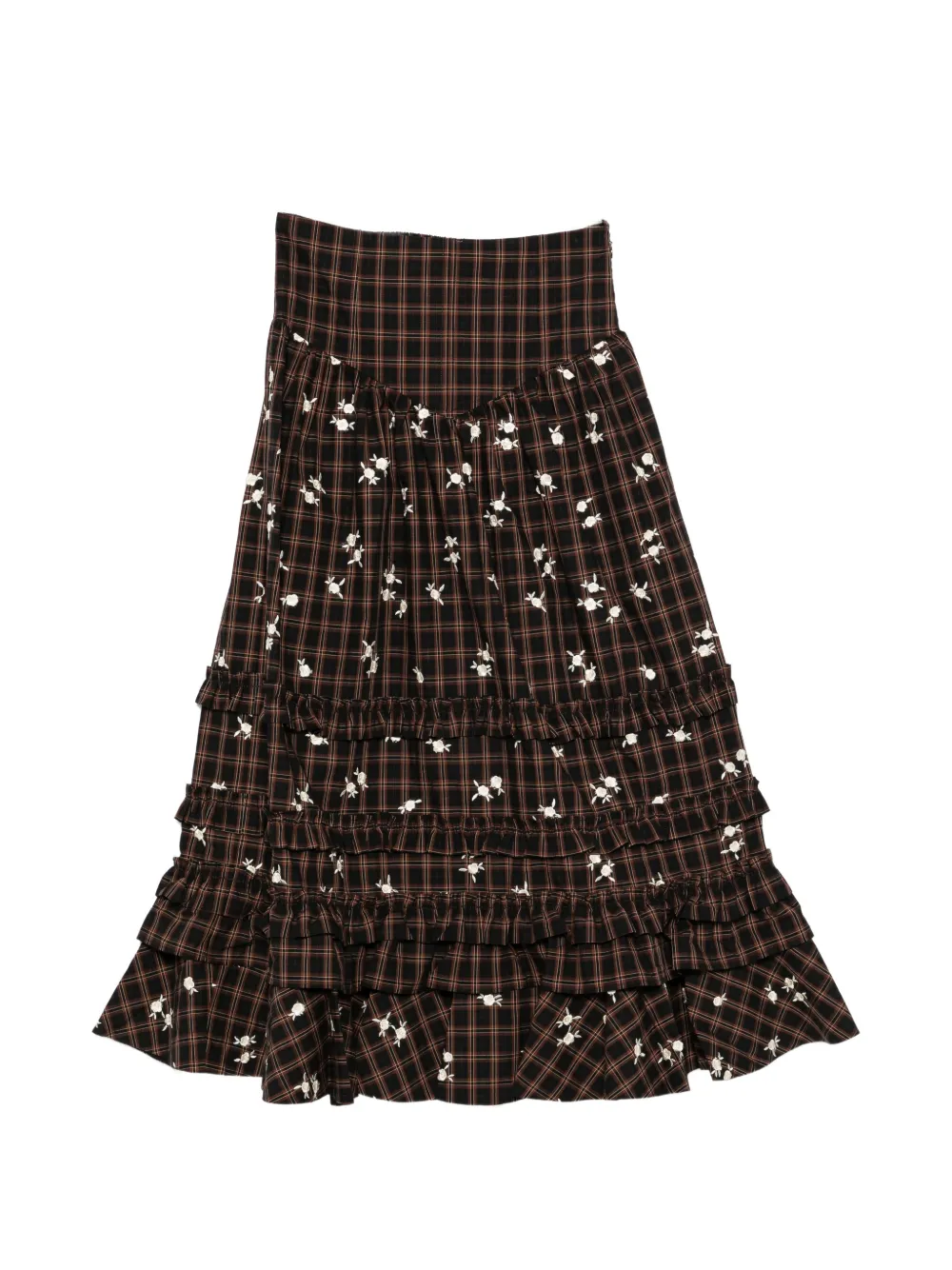 GANNI check-pattern ruffled midi skirt - Marrone