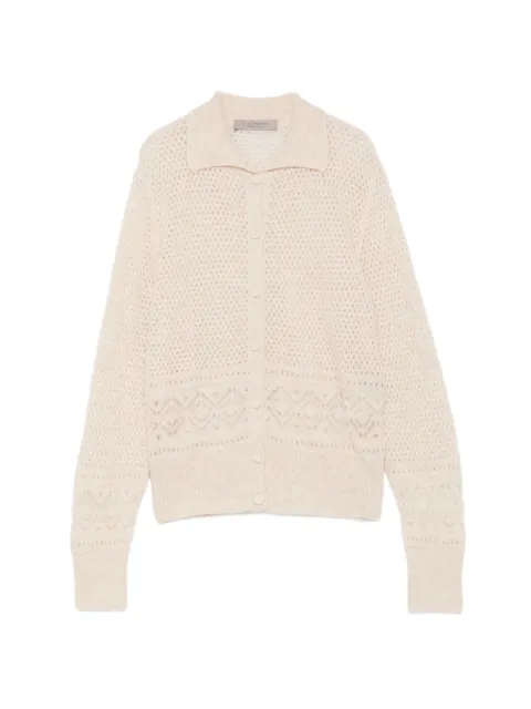 D.Exterior pointelle-knit spread-collar cardigan