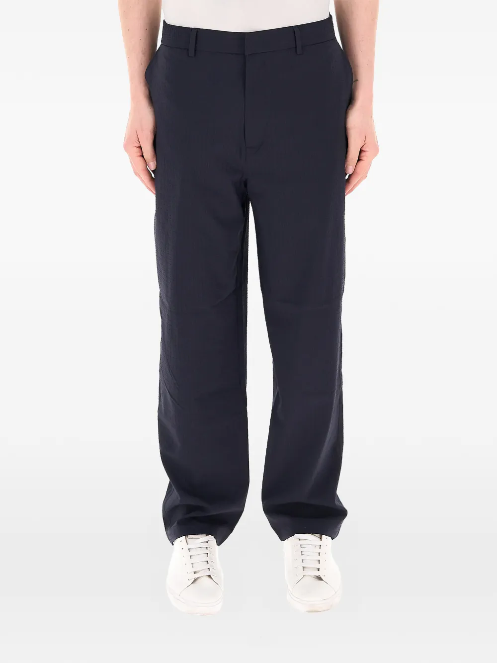 Armani Exchange seersucker-textured logo-plaque trousers - Blu