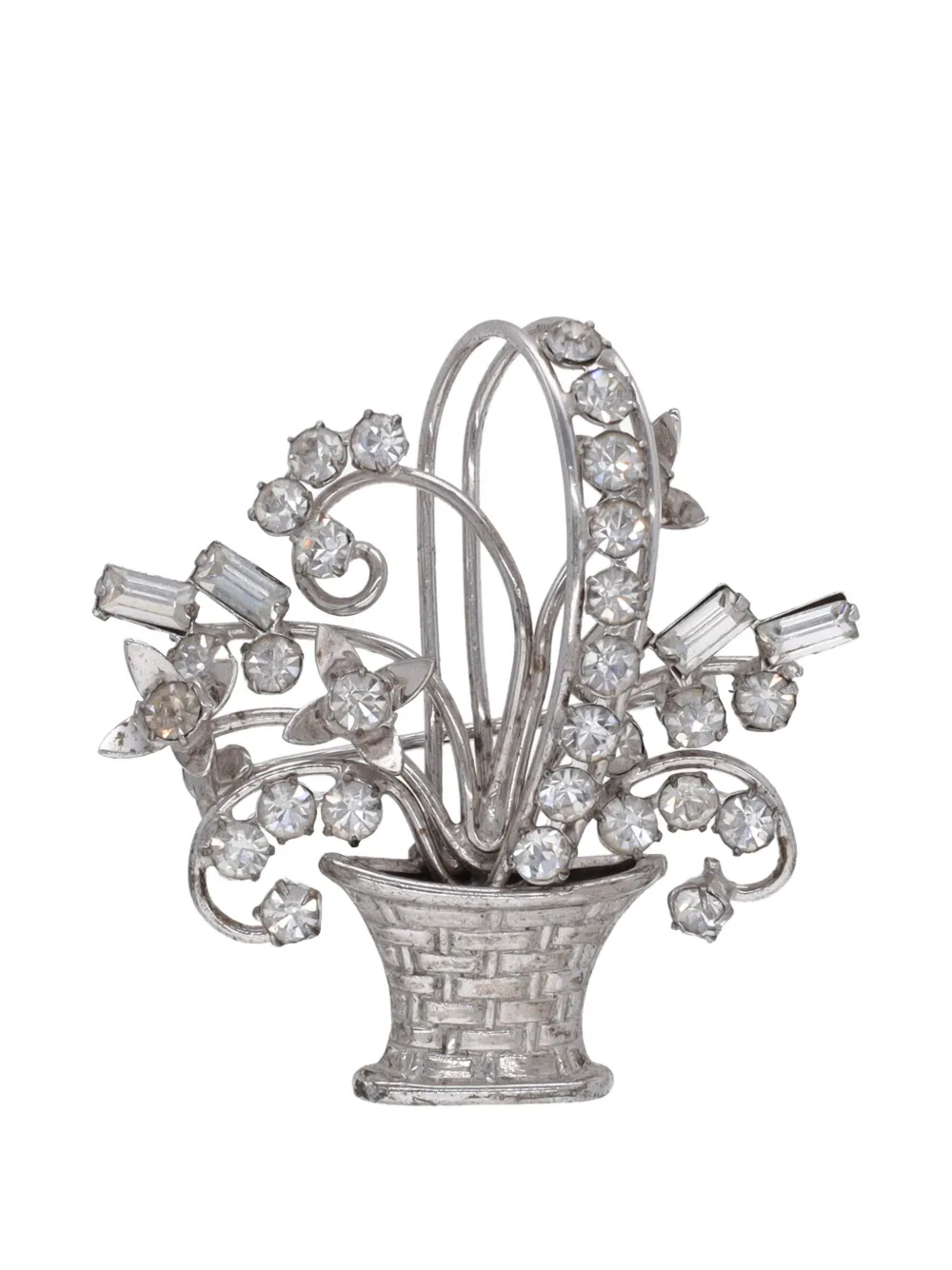 Vintage crystal-embellished flower basket brooch - Argento