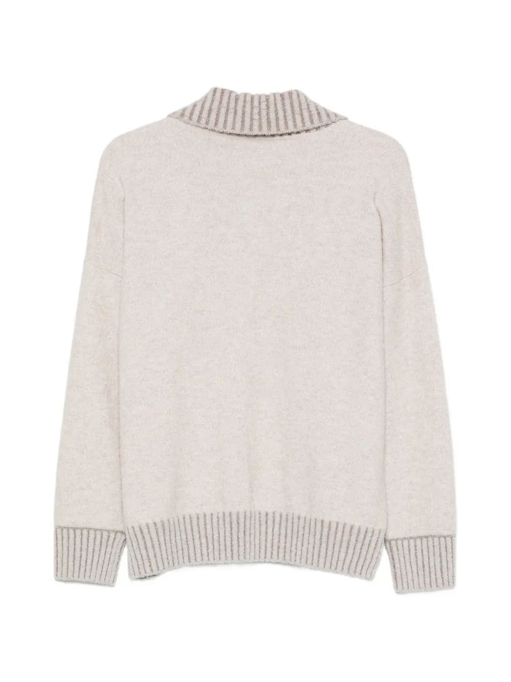 D.Exterior striped-trim spread-collar sweater Beige