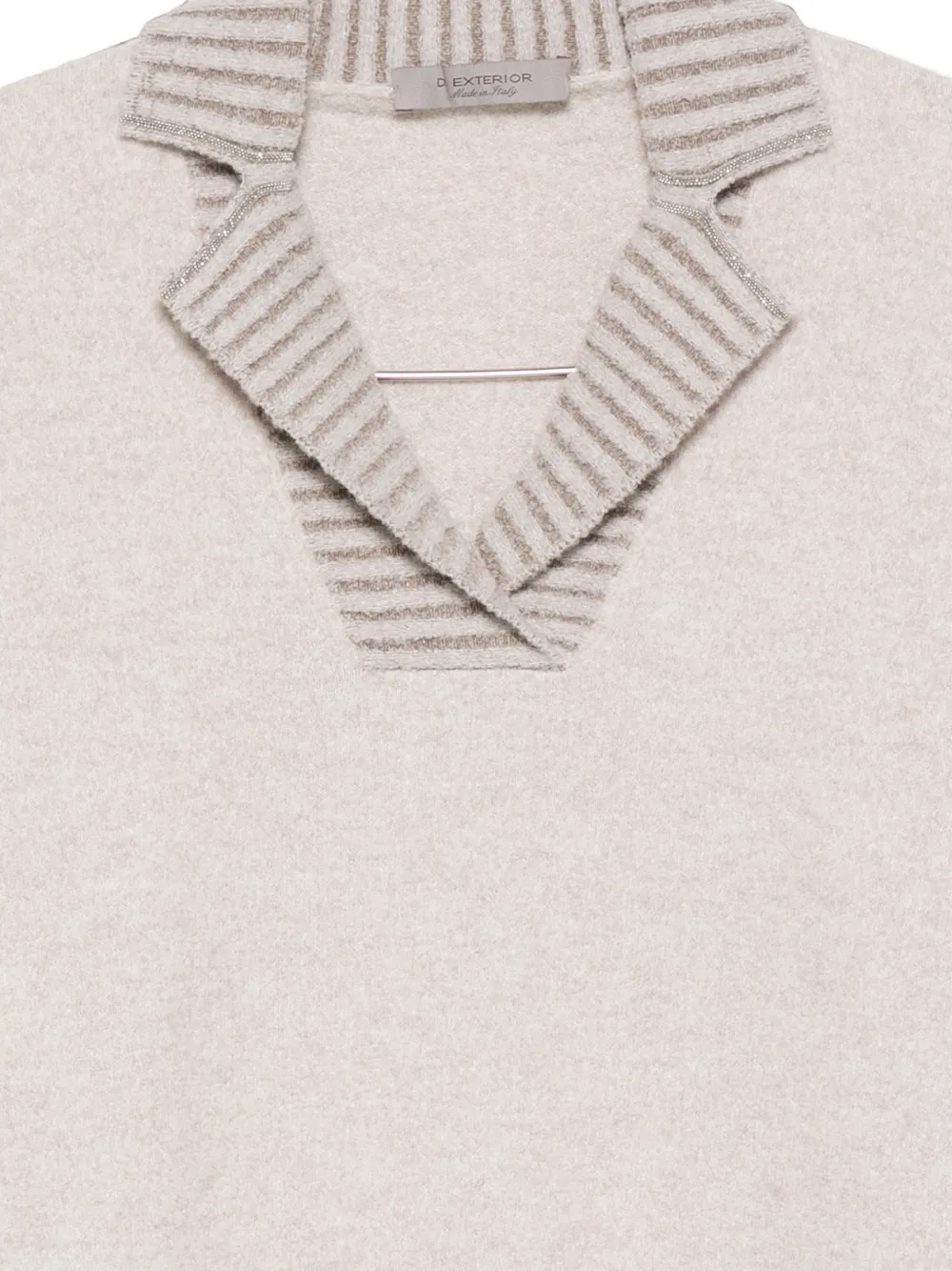 D.Exterior striped-trim spread-collar sweater Beige