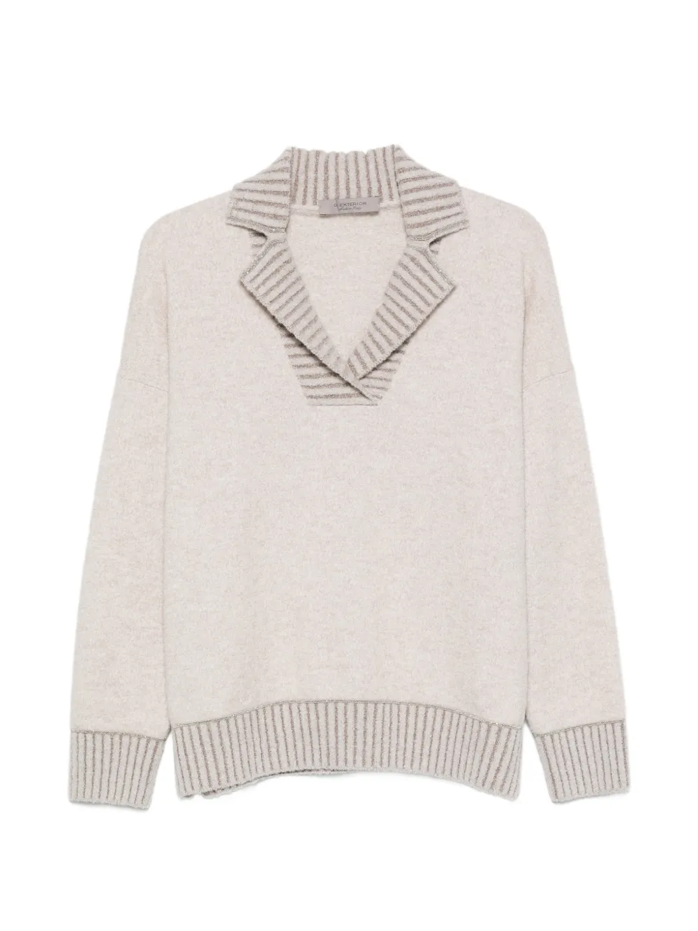 D.Exterior striped-trim spread-collar sweater Beige