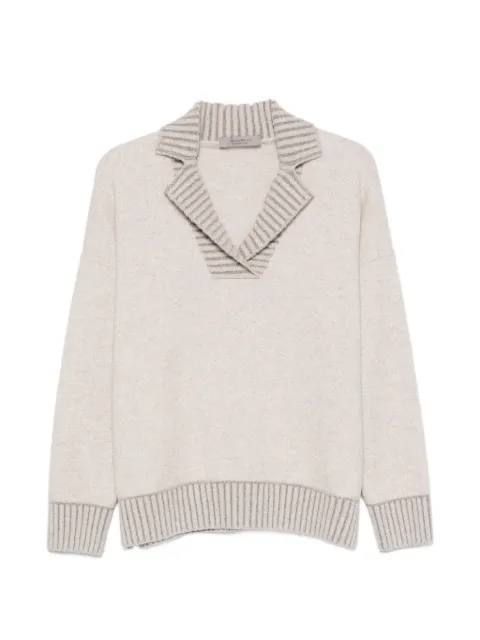 D.Exterior striped-trim spread-collar sweater