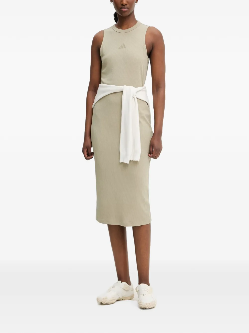 adidas ribbed-knit logo-patch midi dress Beige