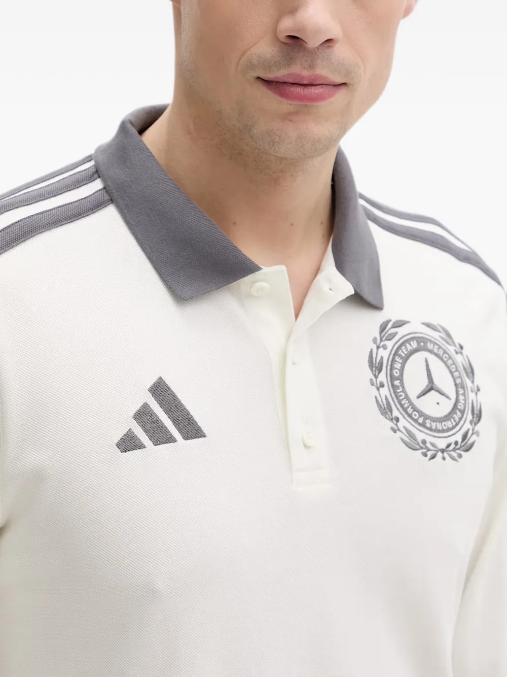 adidas Mercedes logo-embroidered long-sleeve polo shirt Beige