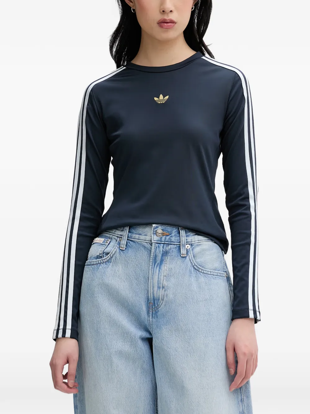 adidas logo-embroidered stripe-detail T-shirt Blauw