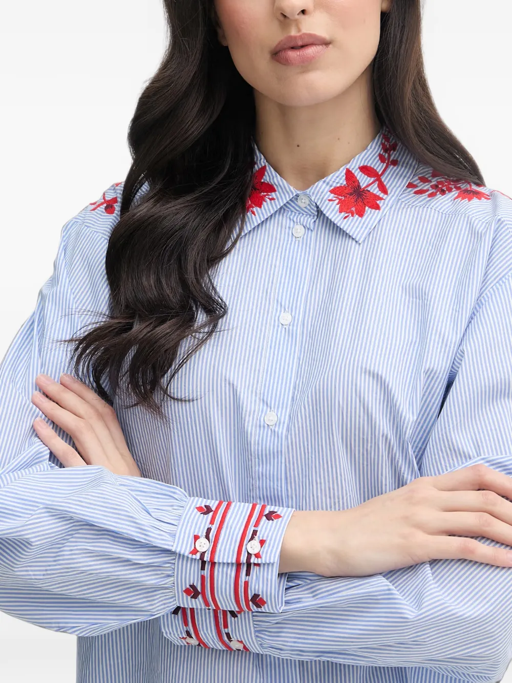 Mos Mosh floral-embroidered striped shirt Blauw