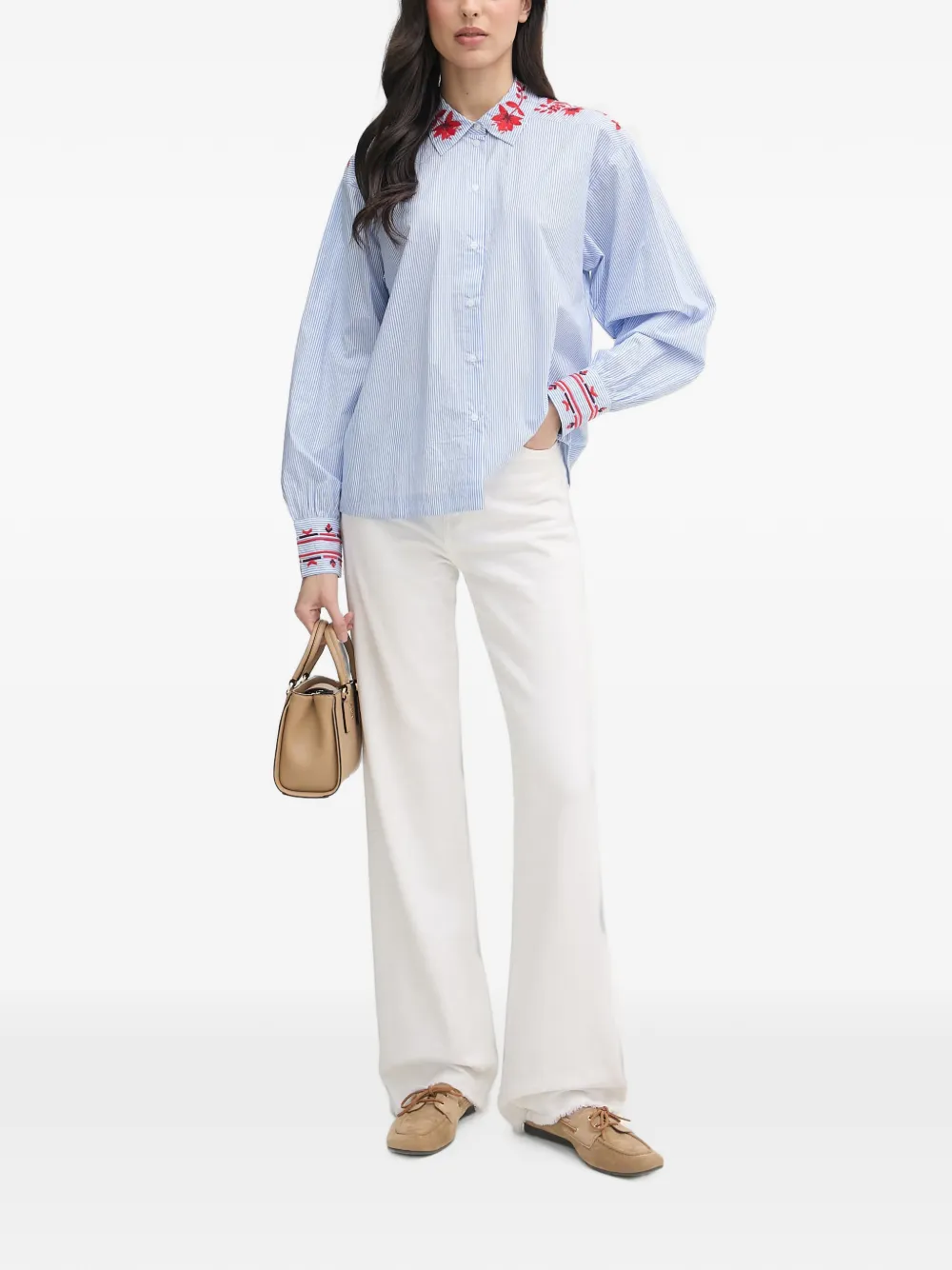 Mos Mosh floral-embroidered striped shirt Blauw