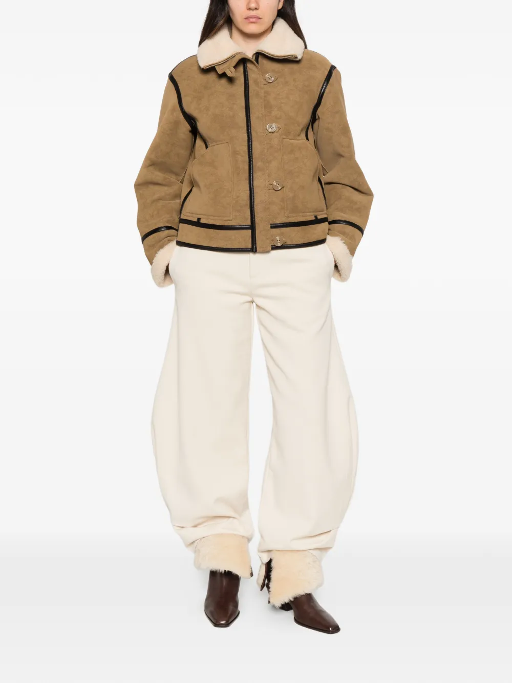 STAND STUDIO Dara contrast-trim shearling-collar jacket Beige