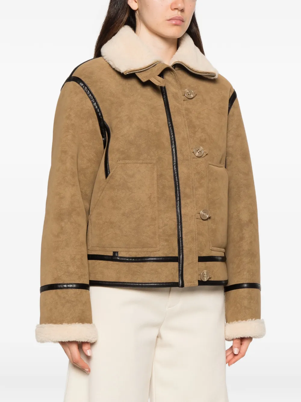 STAND STUDIO Dara contrast-trim shearling-collar jacket Beige