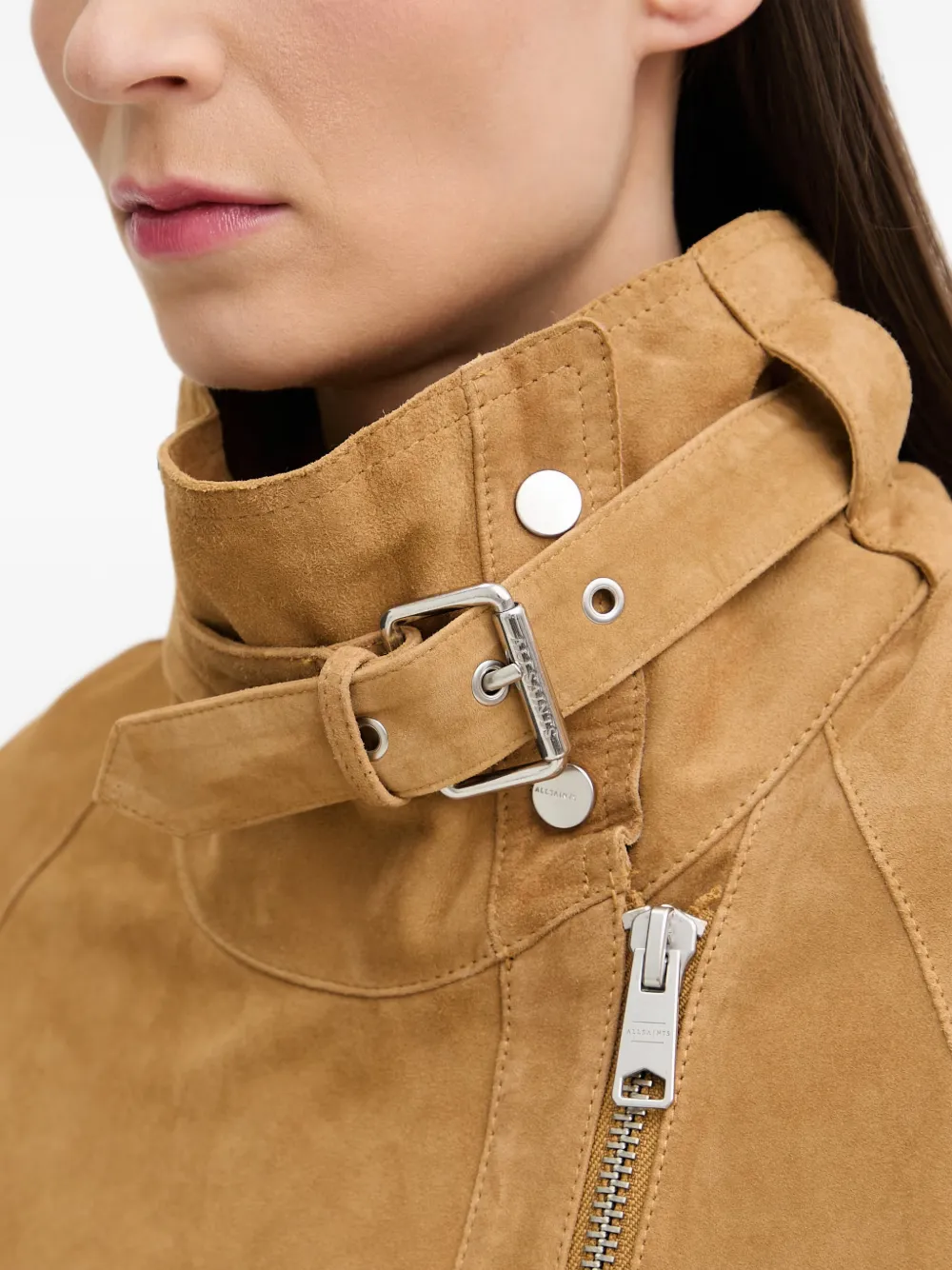 AllSaints Ruimvallend suède jack met gespdetail Beige